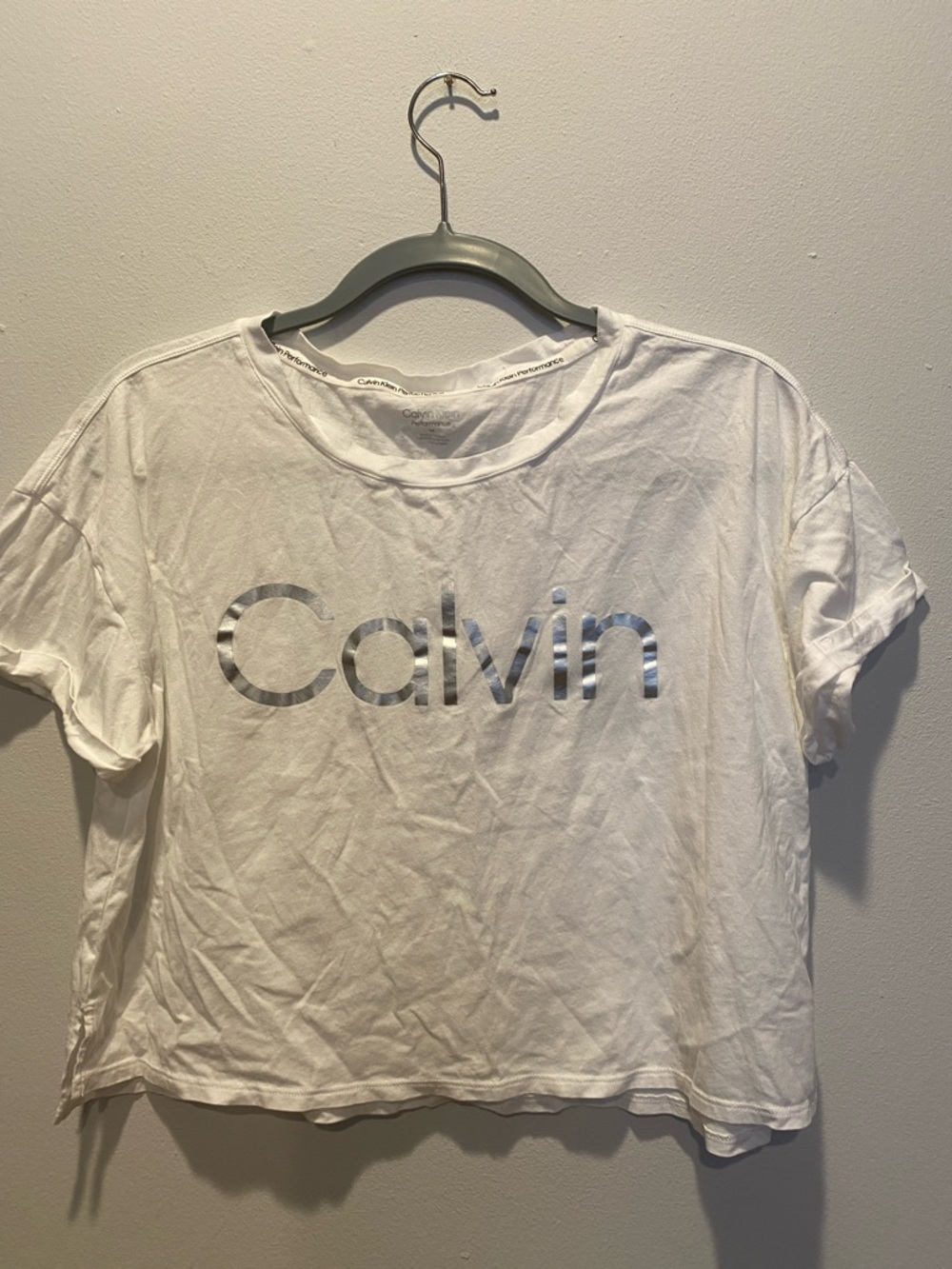 Calvin Klein White Crop Tee with Metallic Logo medium